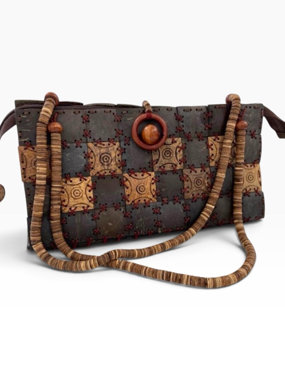 Statement unique Purse Coconut Shell & Wood Purse With Red Stitching & Zipper Cl